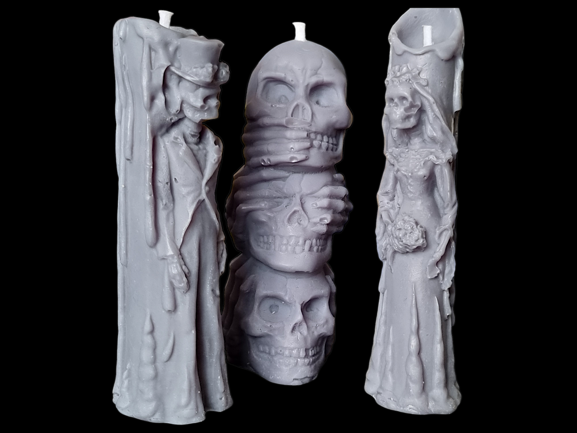 Set of 3 Halloween Candles, Skull 3 Wise Monkey, Husband and Wife Skull