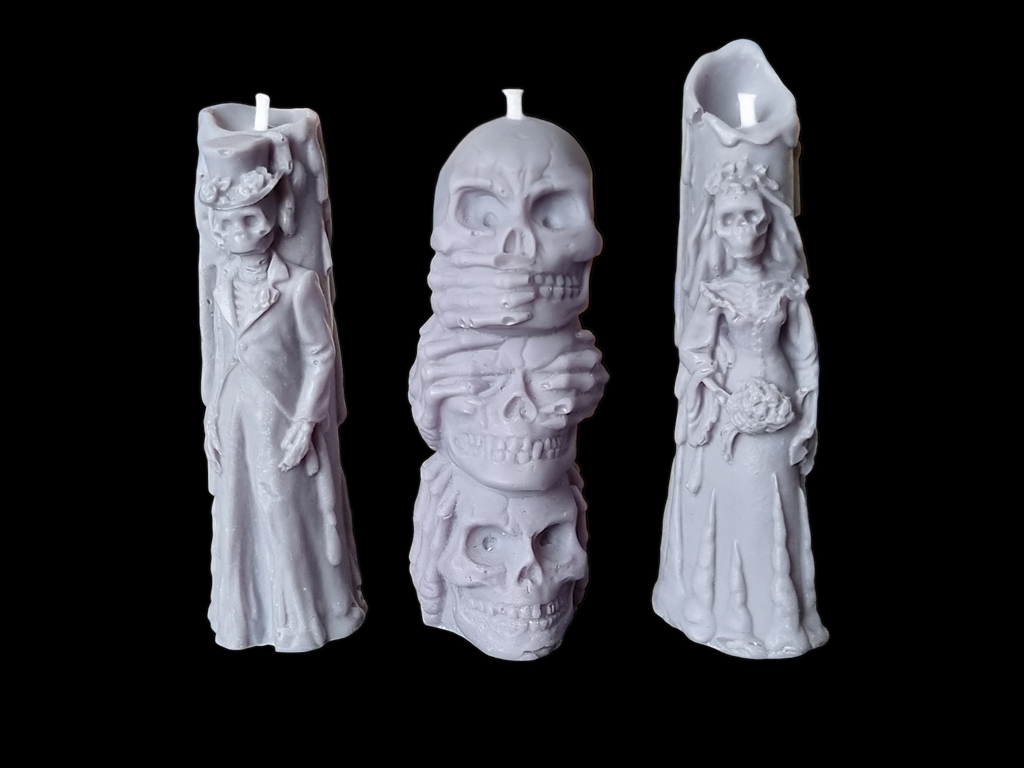 Set of 3 Halloween Candles, Skull 3 Wise Monkey, Husband and Wife Skull