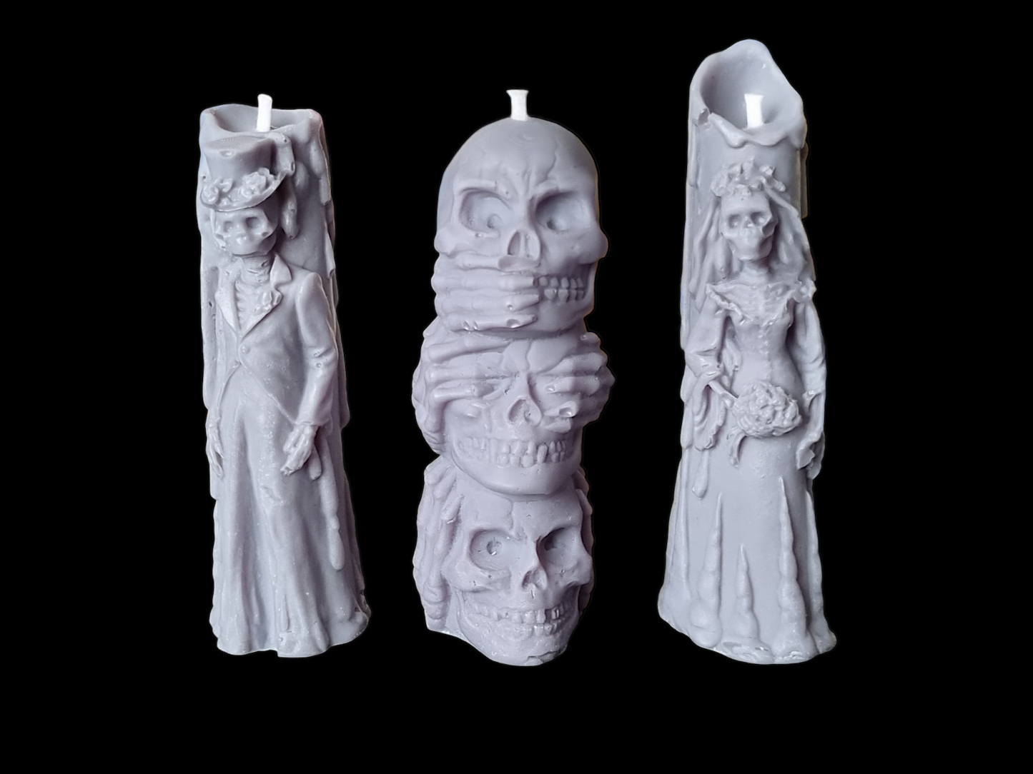 Set of 3 Halloween Candles, Skull 3 Wise Monkey, Husband and Wife Skull