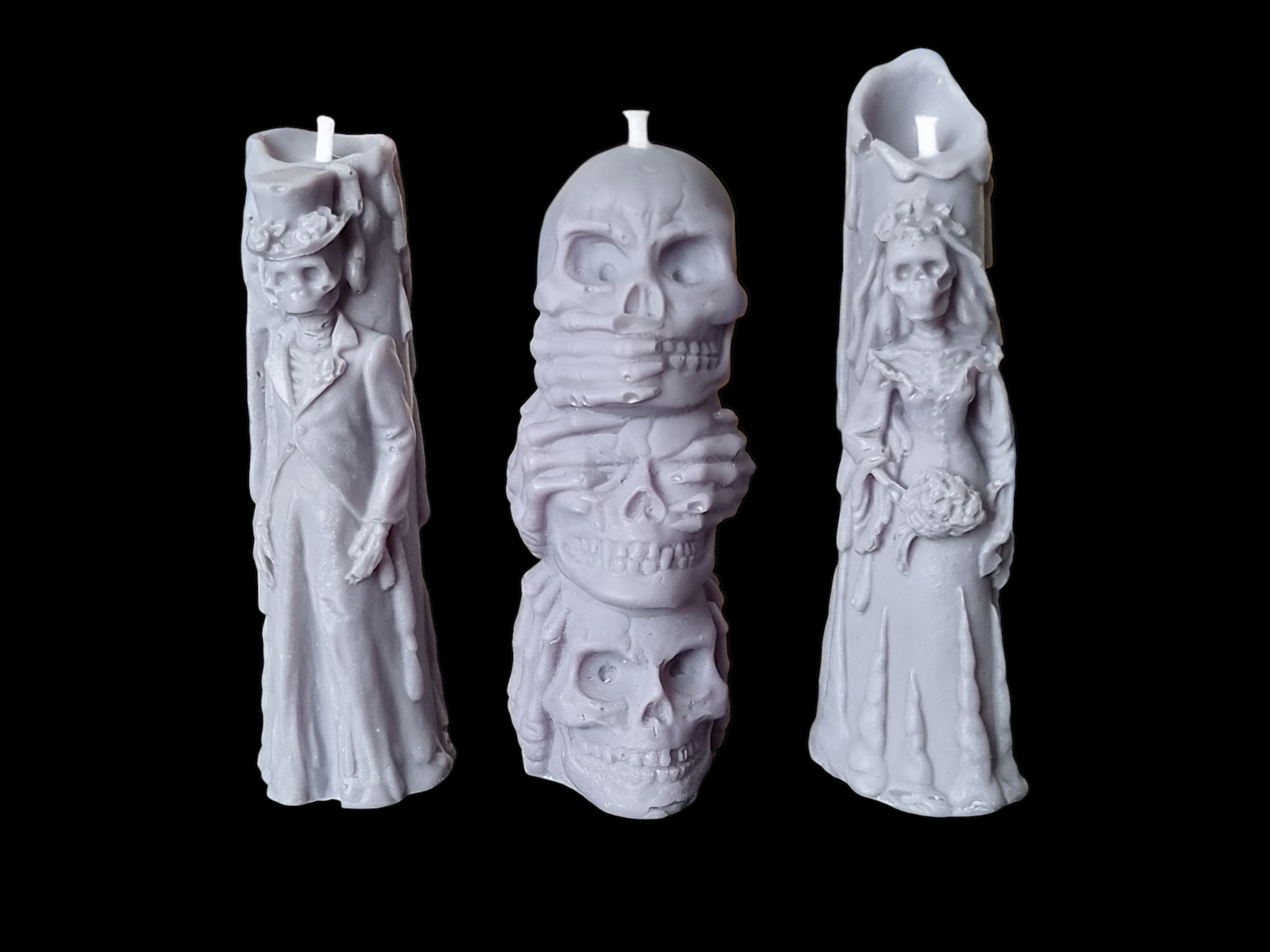 Set of 3 Halloween Candles, Skull 3 Wise Monkey, Husband and Wife Skull