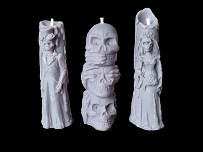 Set of 3 Halloween Candles, Skull 3 Wise Monkey, Husband and Wife Skull
