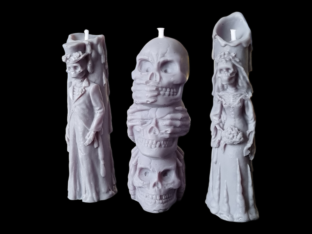 Set of 3 Halloween Candles, Skull 3 Wise Monkey, Husband and Wife Skull