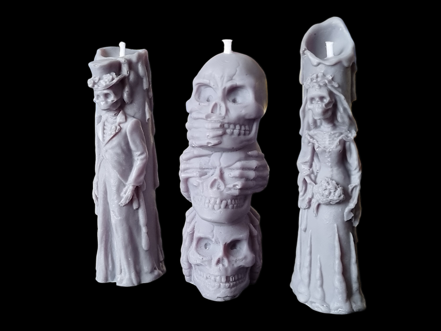 Set of 3 Halloween Candles, Skull 3 Wise Monkey, Husband and Wife Skull