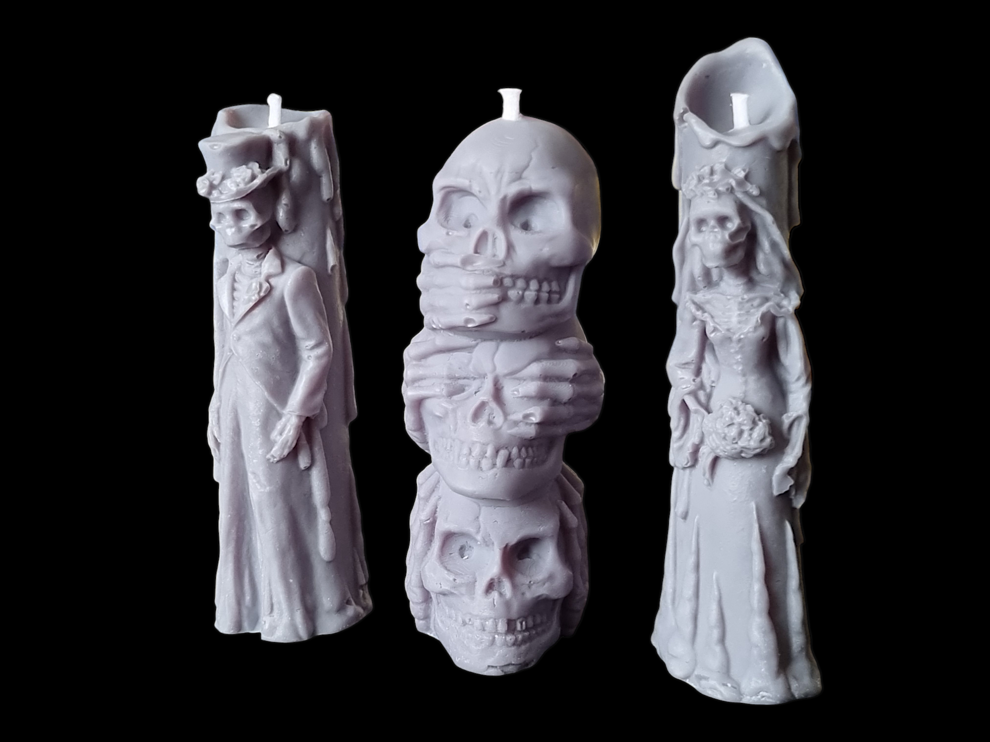 Set of 3 Halloween Candles, Skull 3 Wise Monkey, Husband and Wife Skull