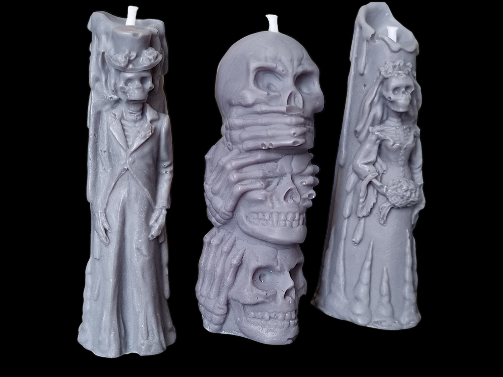Set of 3 Halloween Candles, Skull 3 Wise Monkey, Husband and Wife Skull