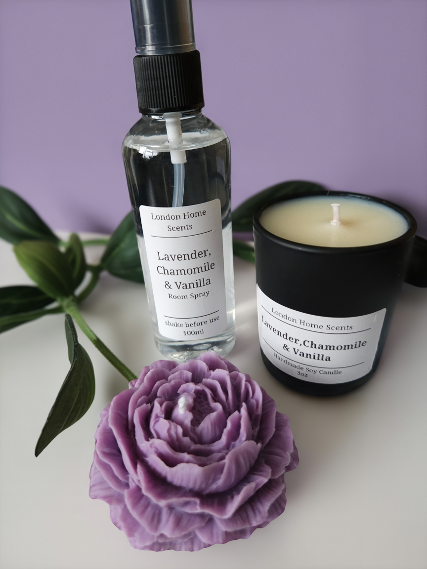 Luxury Home Fragrance Gift Set | Handmade Soy Candle, Room Spray & Flower Candle Decor